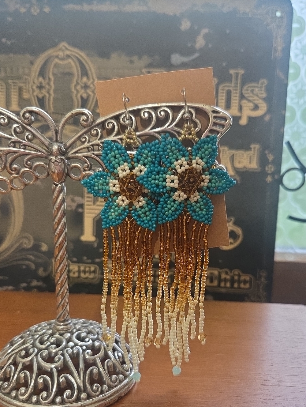 Turquoise Beaded Flower Fringe Earrings